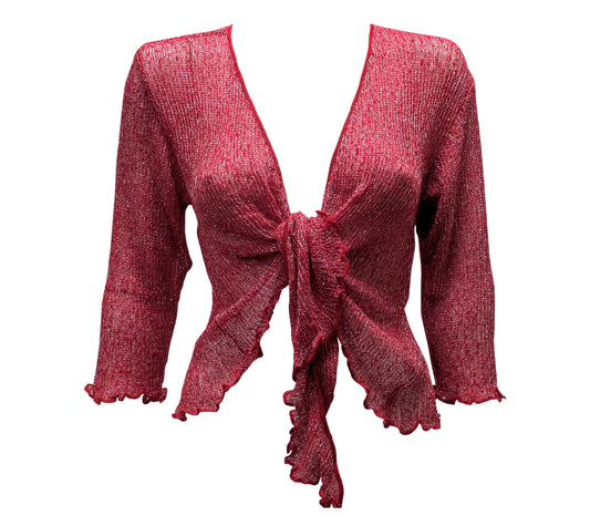 Women's Boho Lurex Knit Shrug Chic Crochet style Cardigan onesize Up To 20 RED & SILVER