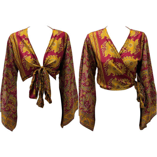 RETRO BELL SLEEVES FRONT KNOT CROP TOP WRAP BLOUSE FREE SIZE UP TO 16 P148