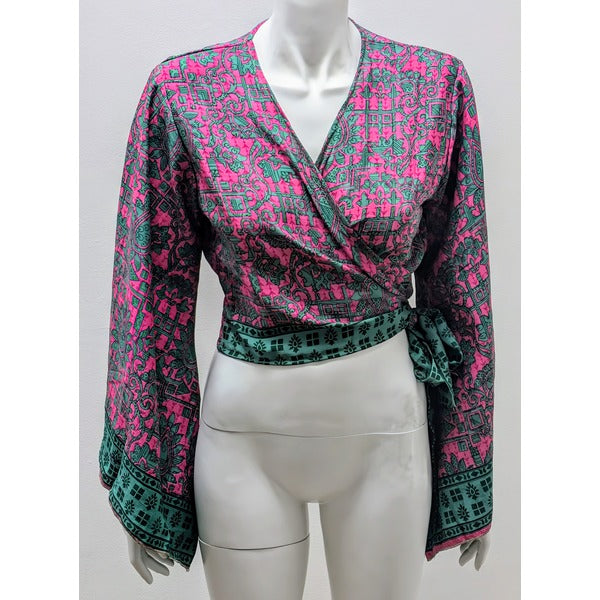 RETRO BELL SLEEVES FRONT KNOT CROP TOP WRAP BLOUSE FREE SIZE UP TO 16 P125