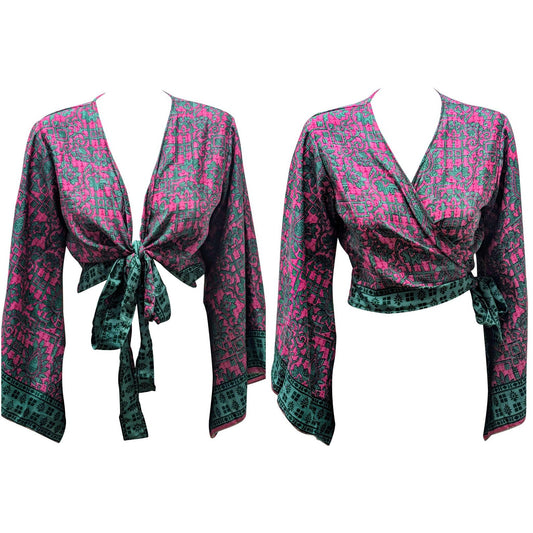 RETRO BELL SLEEVES FRONT KNOT CROP TOP WRAP BLOUSE FREE SIZE UP TO 16 P125