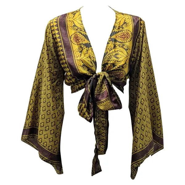 RETRO BELL SLEEVES FRONT KNOT CROP TOP WRAP BLOUSE FREE SIZE UP TO 16 P133