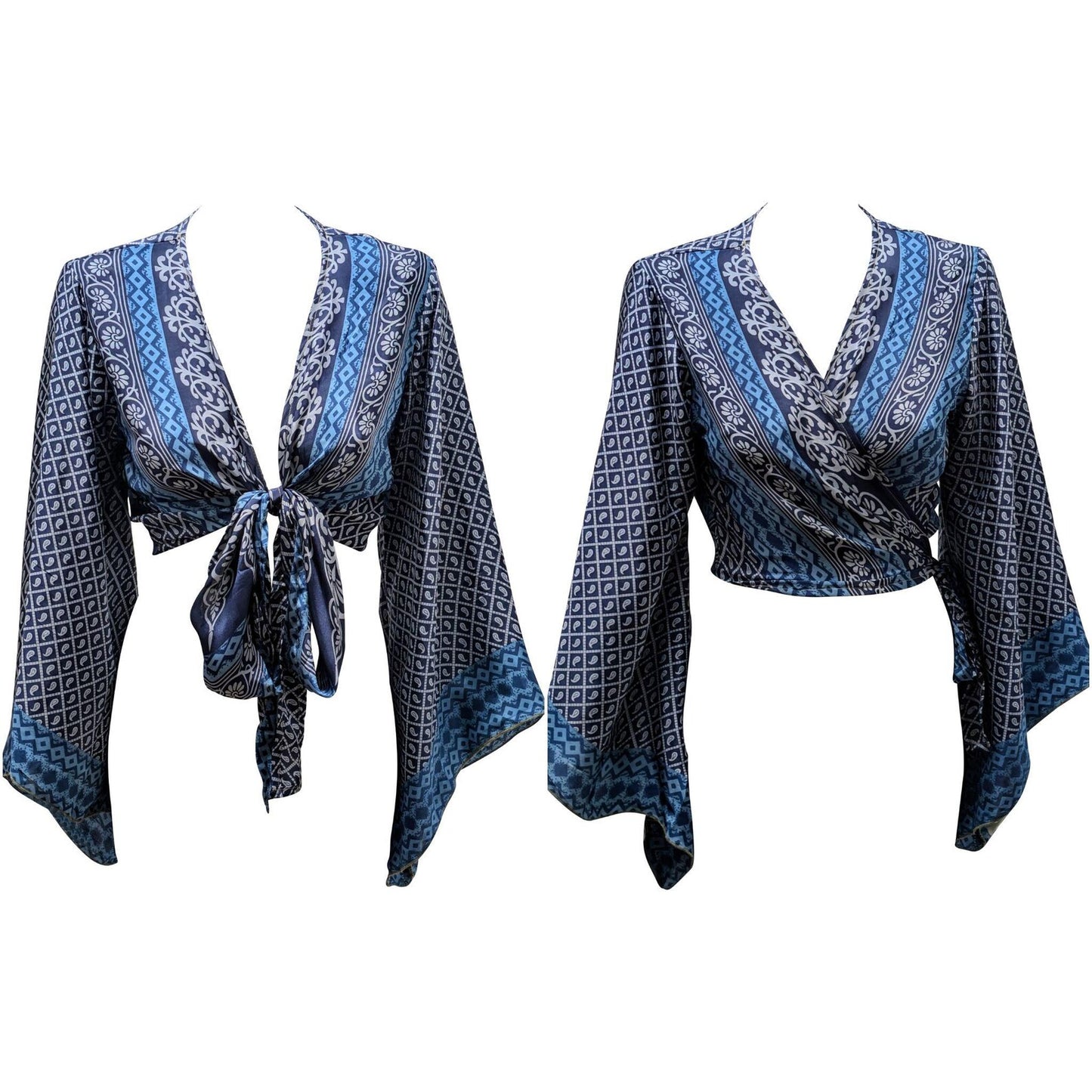 RETRO BELL SLEEVES FRONT KNOT CROP TOP WRAP BLOUSE FREE SIZE UP TO 16 P135