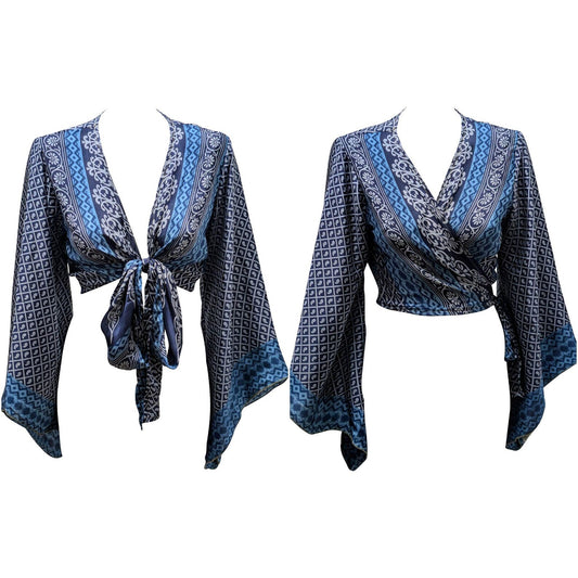 RETRO BELL SLEEVES FRONT KNOT CROP TOP WRAP BLOUSE FREE SIZE UP TO 16 P135