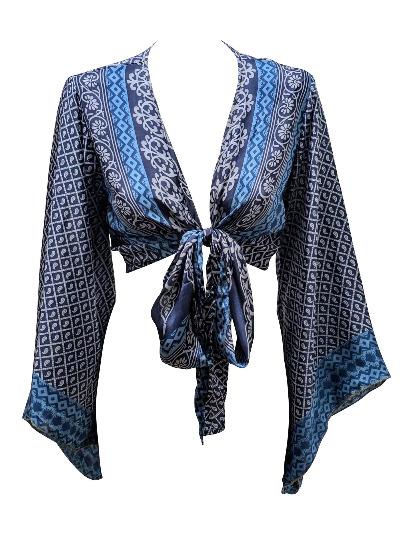 RETRO BELL SLEEVES FRONT KNOT CROP TOP WRAP BLOUSE FREE SIZE UP TO 16 P135