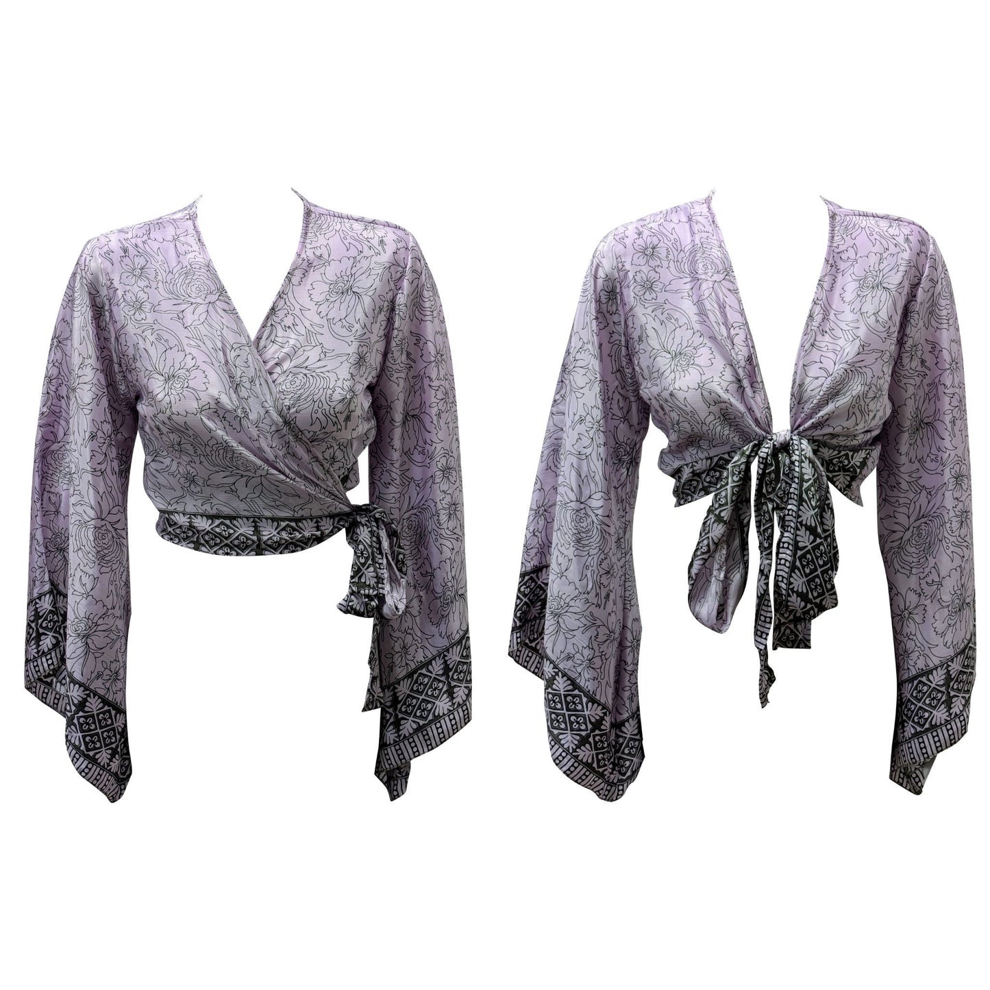 RETRO BELL SLEEVES FRONT KNOT CROP TOP WRAP BLOUSE FREE SIZE UP TO 16 P137