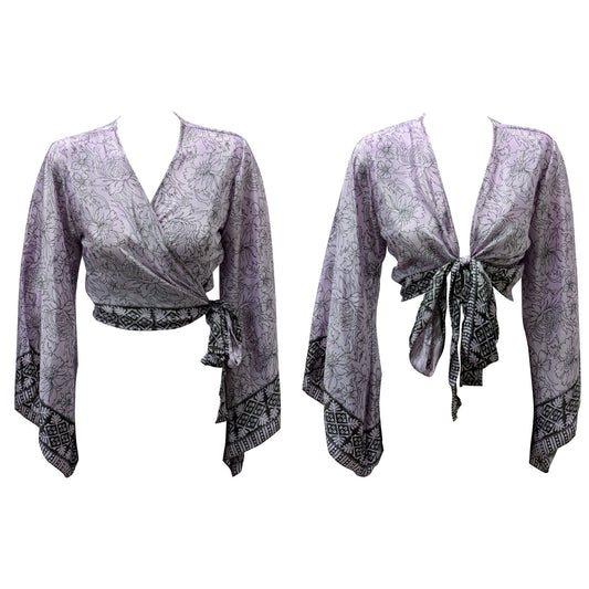 RETRO BELL SLEEVES FRONT KNOT CROP TOP WRAP BLOUSE FREE SIZE UP TO 16 P137