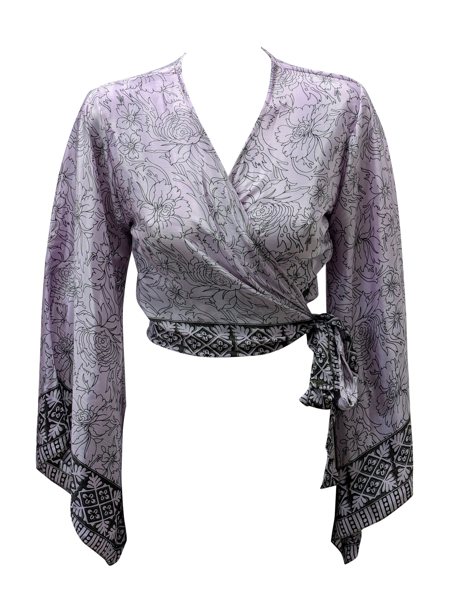 RETRO BELL SLEEVES FRONT KNOT CROP TOP WRAP BLOUSE FREE SIZE UP TO 16 P137