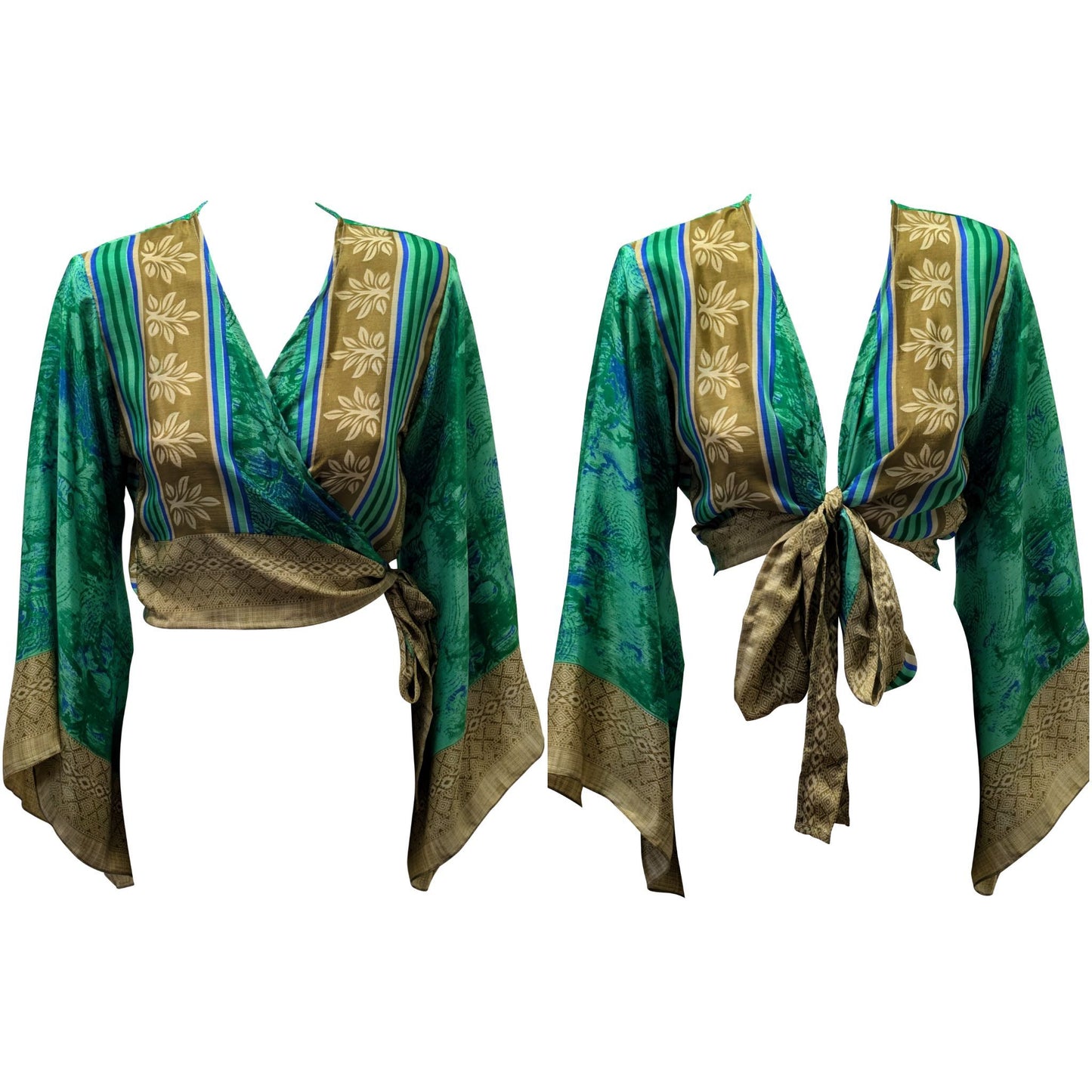 RETRO BELL SLEEVES FRONT KNOT CROP TOP WRAP BLOUSE FREE SIZE UP TO 16 P139
