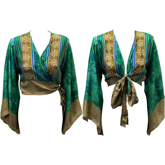 RETRO BELL SLEEVES FRONT KNOT CROP TOP WRAP BLOUSE FREE SIZE UP TO 16 P139