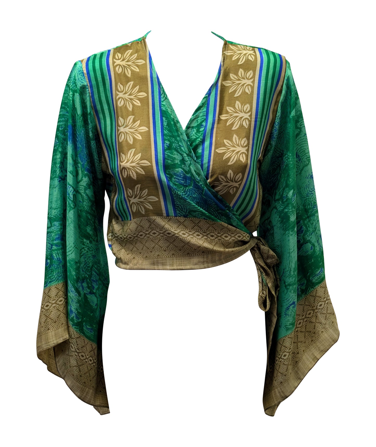 RETRO BELL SLEEVES FRONT KNOT CROP TOP WRAP BLOUSE FREE SIZE UP TO 16 P139