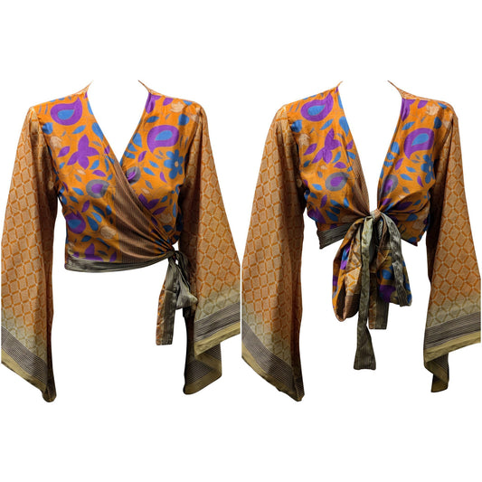 RETRO BELL SLEEVES FRONT KNOT CROP TOP WRAP BLOUSE FREE SIZE UP TO 16 P140