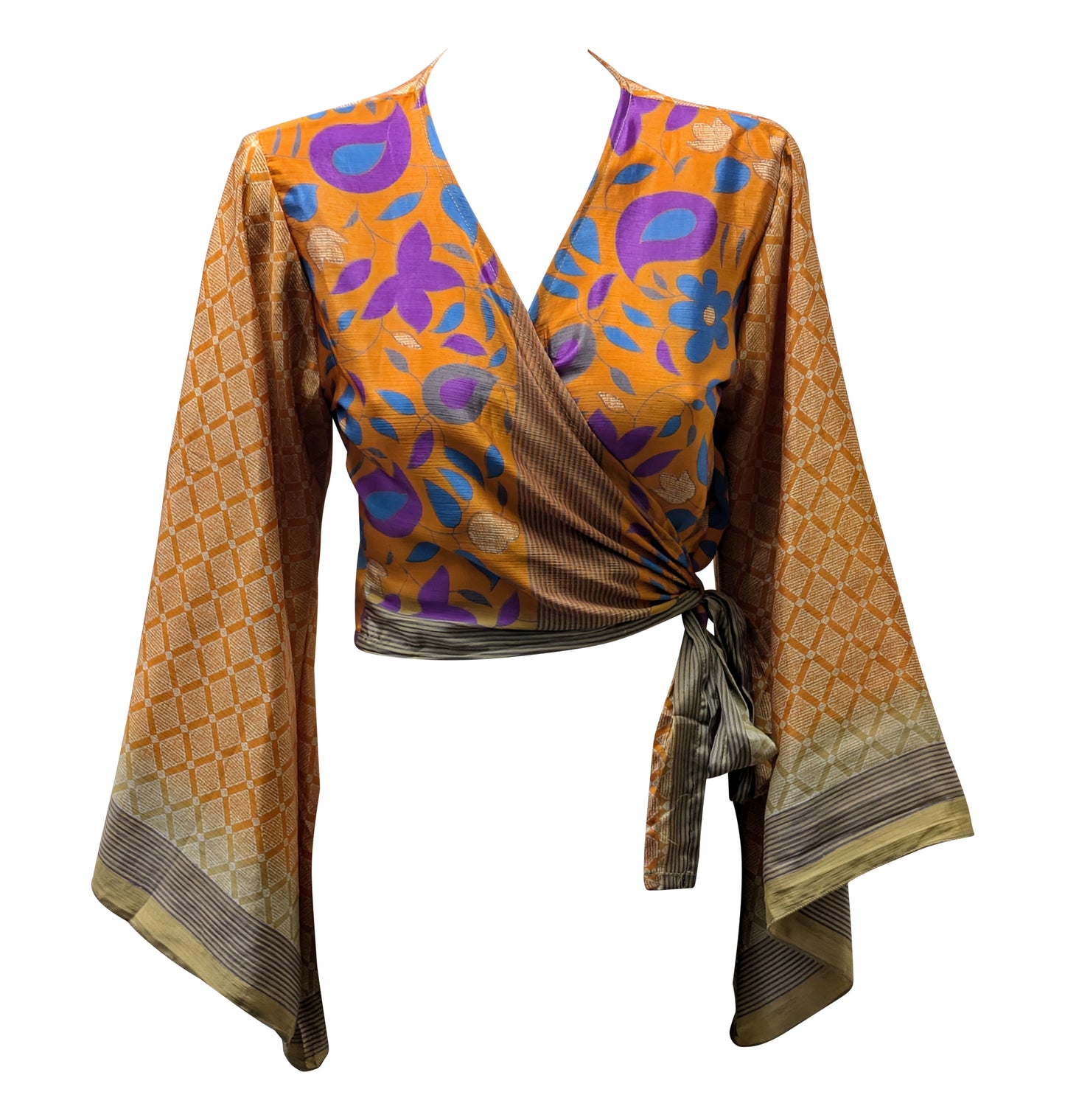 RETRO BELL SLEEVES FRONT KNOT CROP TOP WRAP BLOUSE FREE SIZE UP TO 16 P140