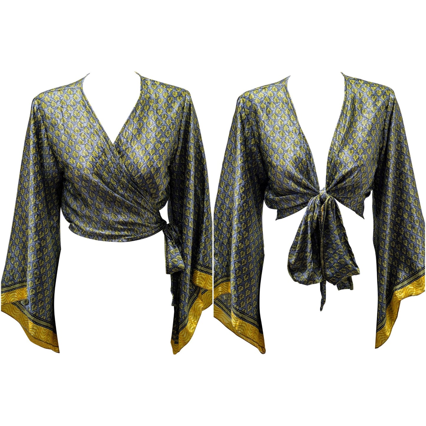 RETRO BELL SLEEVES FRONT KNOT CROP TOP WRAP BLOUSE FREE SIZE UP TO 16 P141