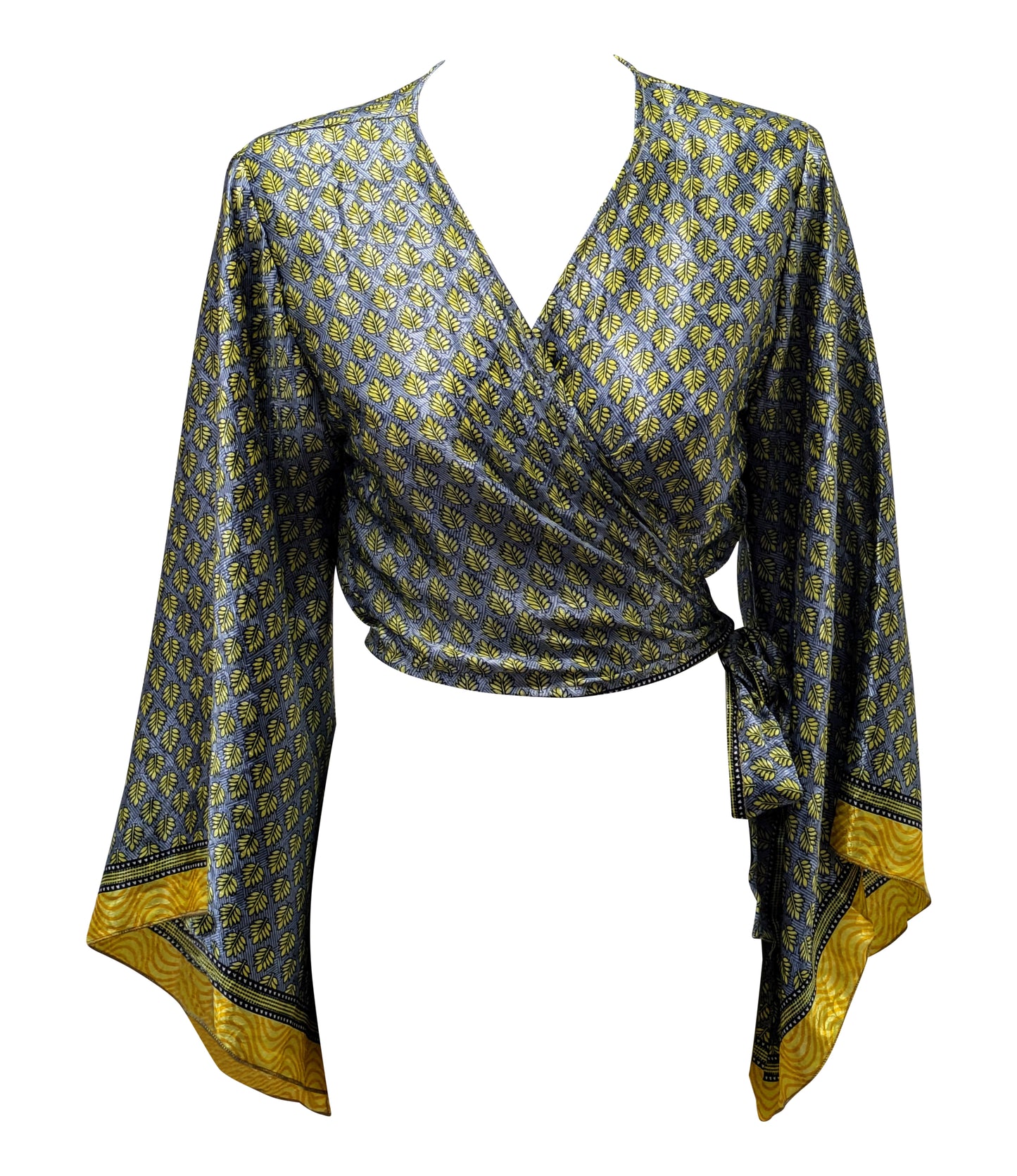 RETRO BELL SLEEVES FRONT KNOT CROP TOP WRAP BLOUSE FREE SIZE UP TO 16 P141