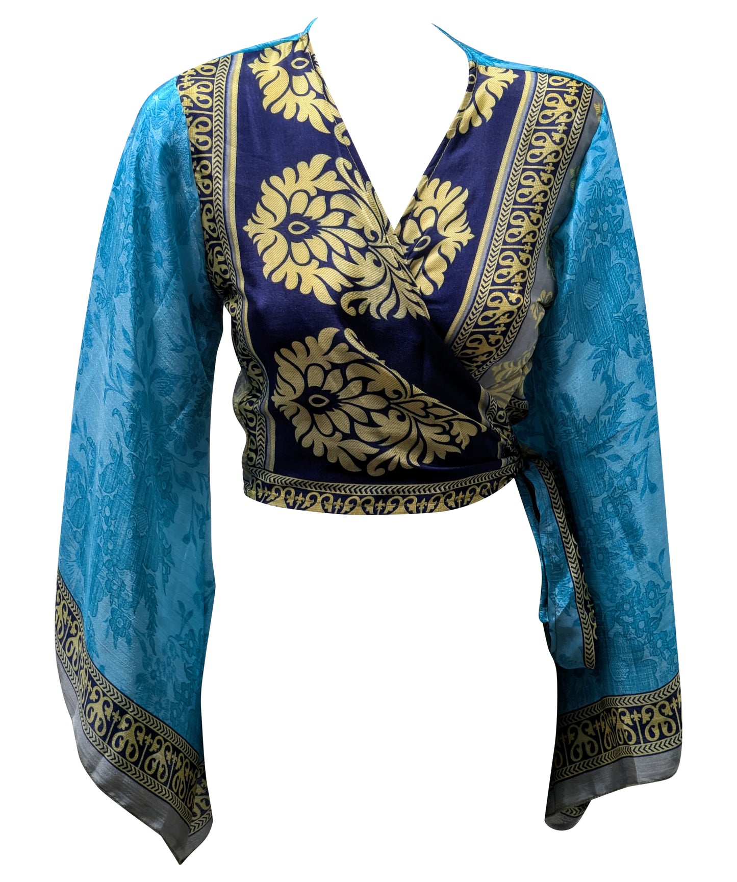 RETRO BELL SLEEVES FRONT KNOT CROP TOP WRAP BLOUSE FREE SIZE UP TO 16 P145