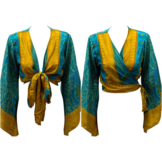 RETRO BELL SLEEVES FRONT KNOT CROP TOP WRAP BLOUSE FREE SIZE UP TO 16 P146