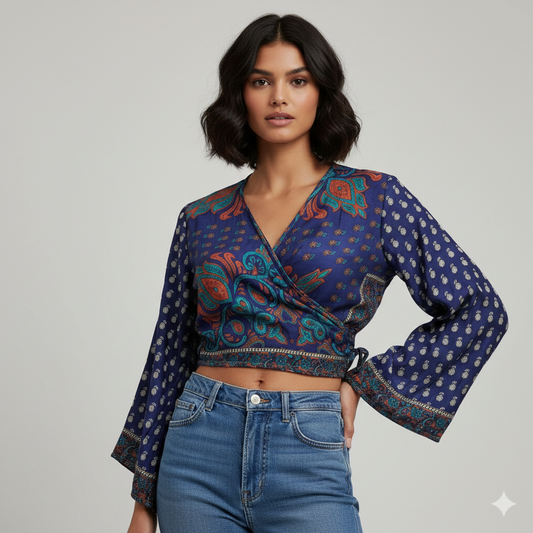 RETRO BELL SLEEVES FRONT KNOT CROP TOP WRAP BLOUSE FREE SIZE UP TO 16 P151