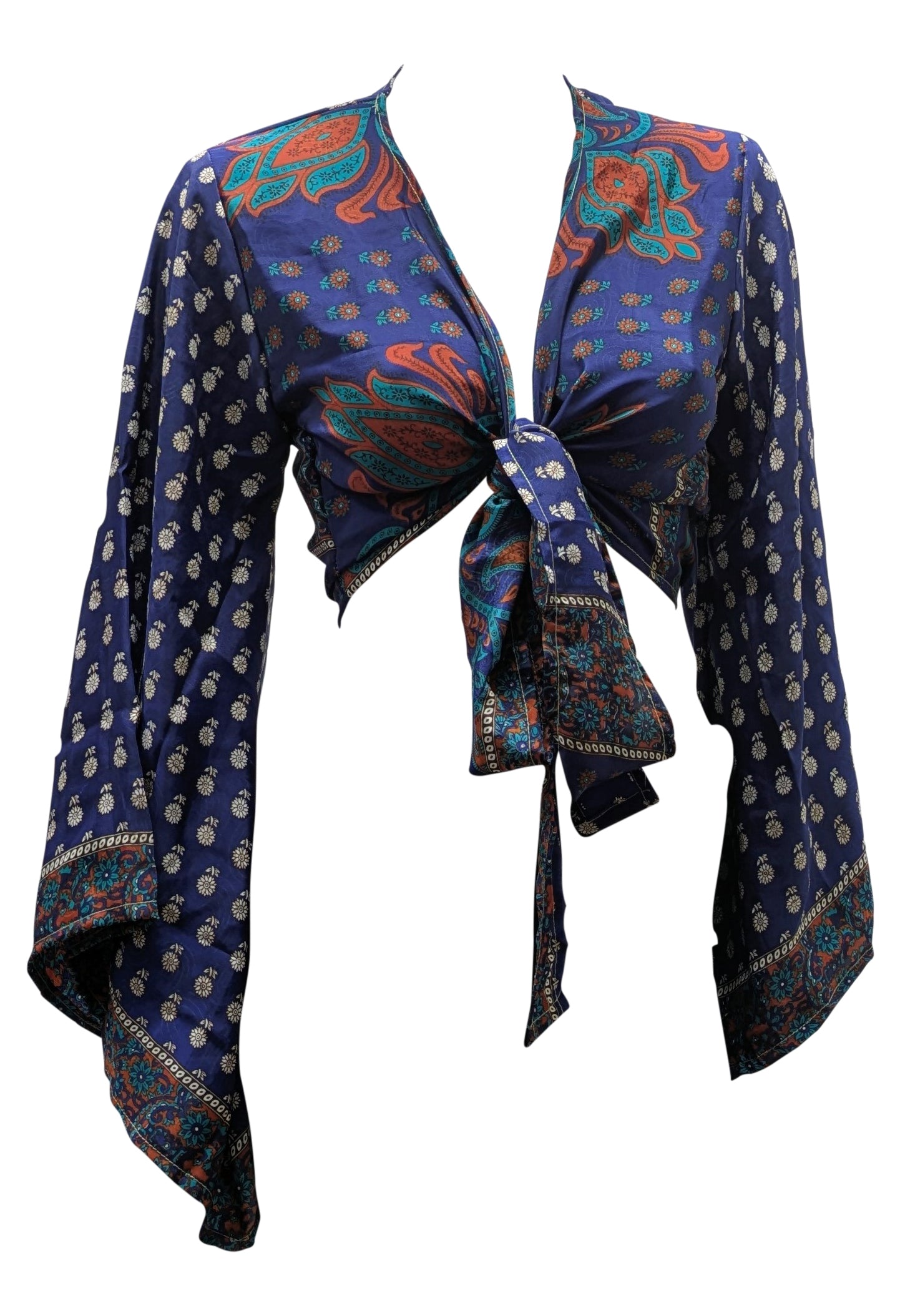 RETRO BELL SLEEVES FRONT KNOT CROP TOP WRAP BLOUSE FREE SIZE UP TO 16 P151