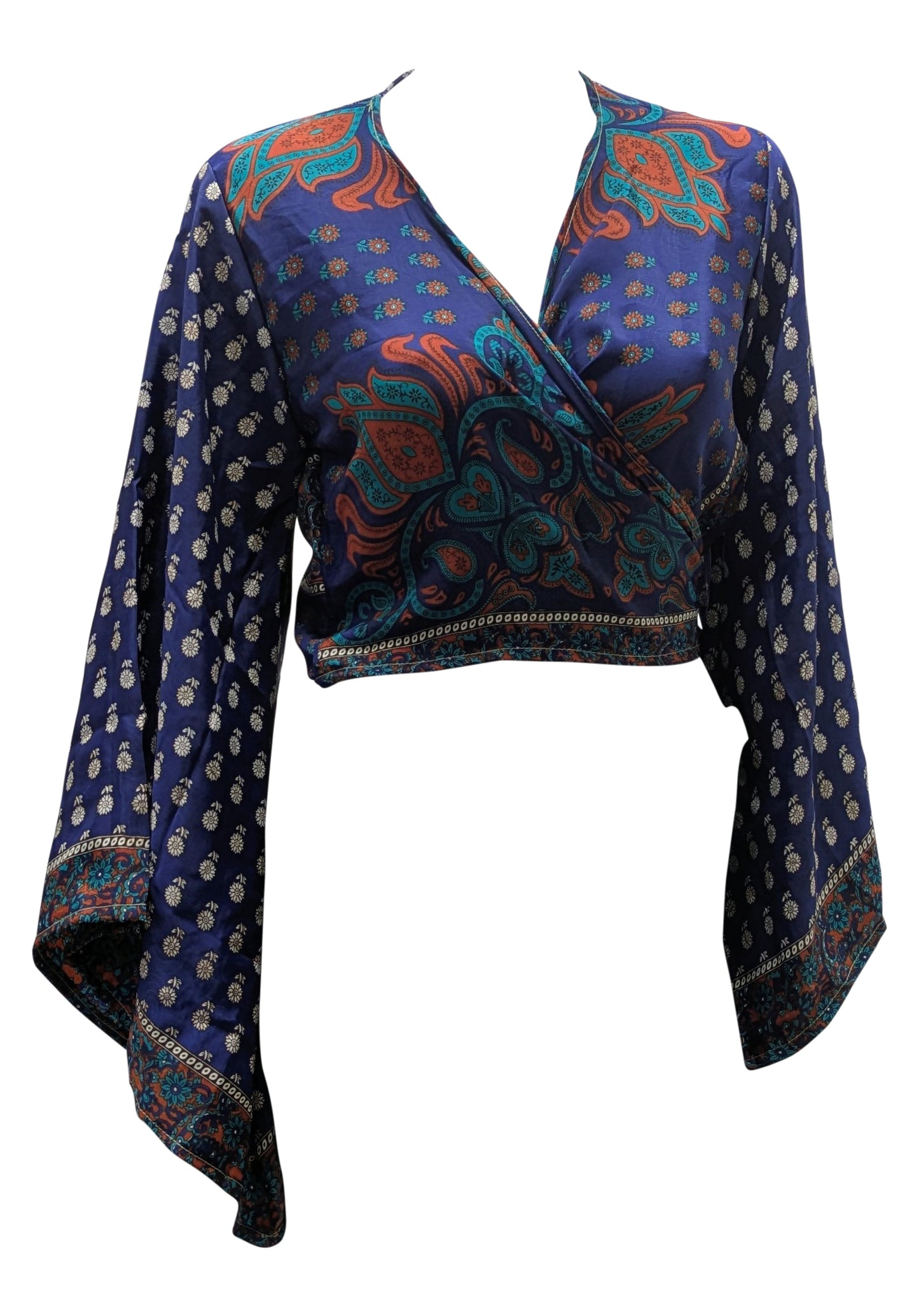 RETRO BELL SLEEVES FRONT KNOT CROP TOP WRAP BLOUSE FREE SIZE UP TO 16 P151