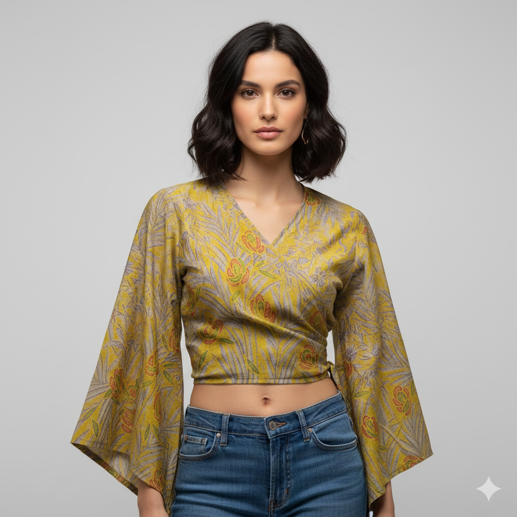 RETRO BELL SLEEVES FRONT KNOT CROP TOP WRAP BLOUSE FREE SIZE UP TO 16 P152