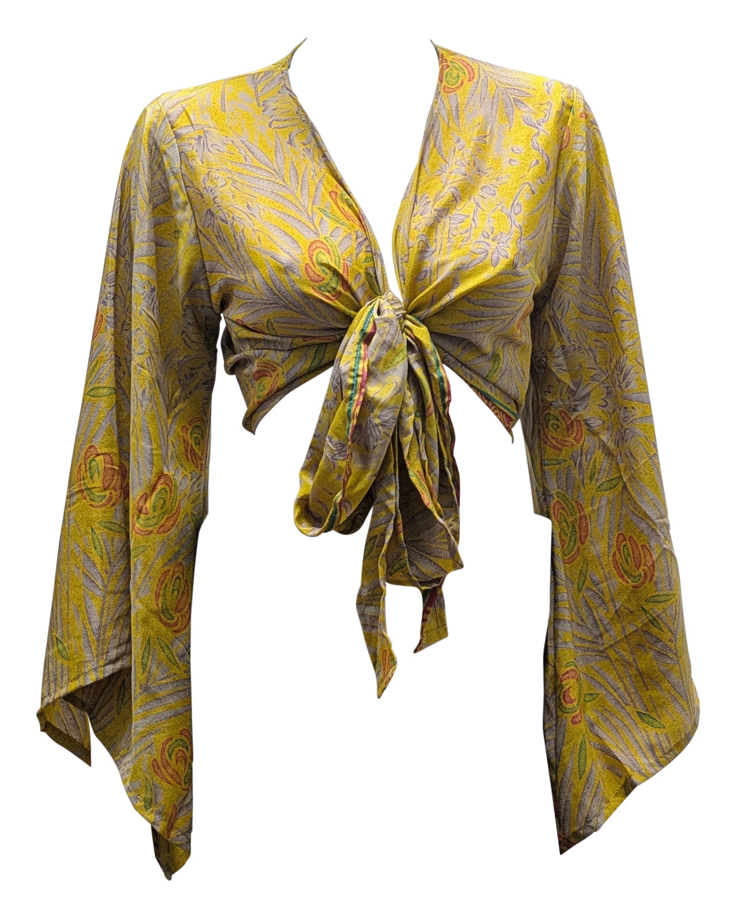 RETRO BELL SLEEVES FRONT KNOT CROP TOP WRAP BLOUSE FREE SIZE UP TO 16 P152