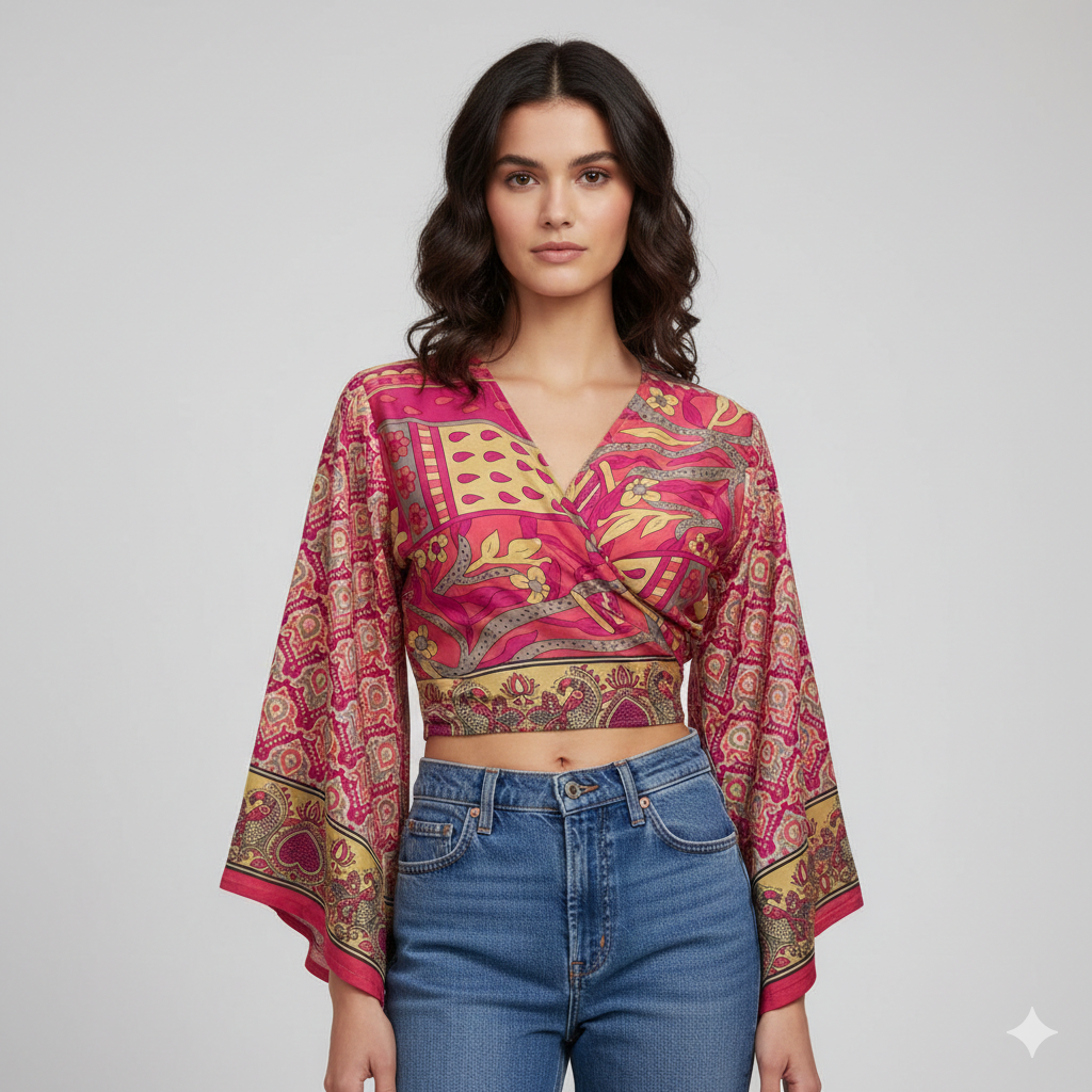 RETRO BELL SLEEVES FRONT KNOT CROP TOP WRAP BLOUSE FREE SIZE UP TO 16 P153