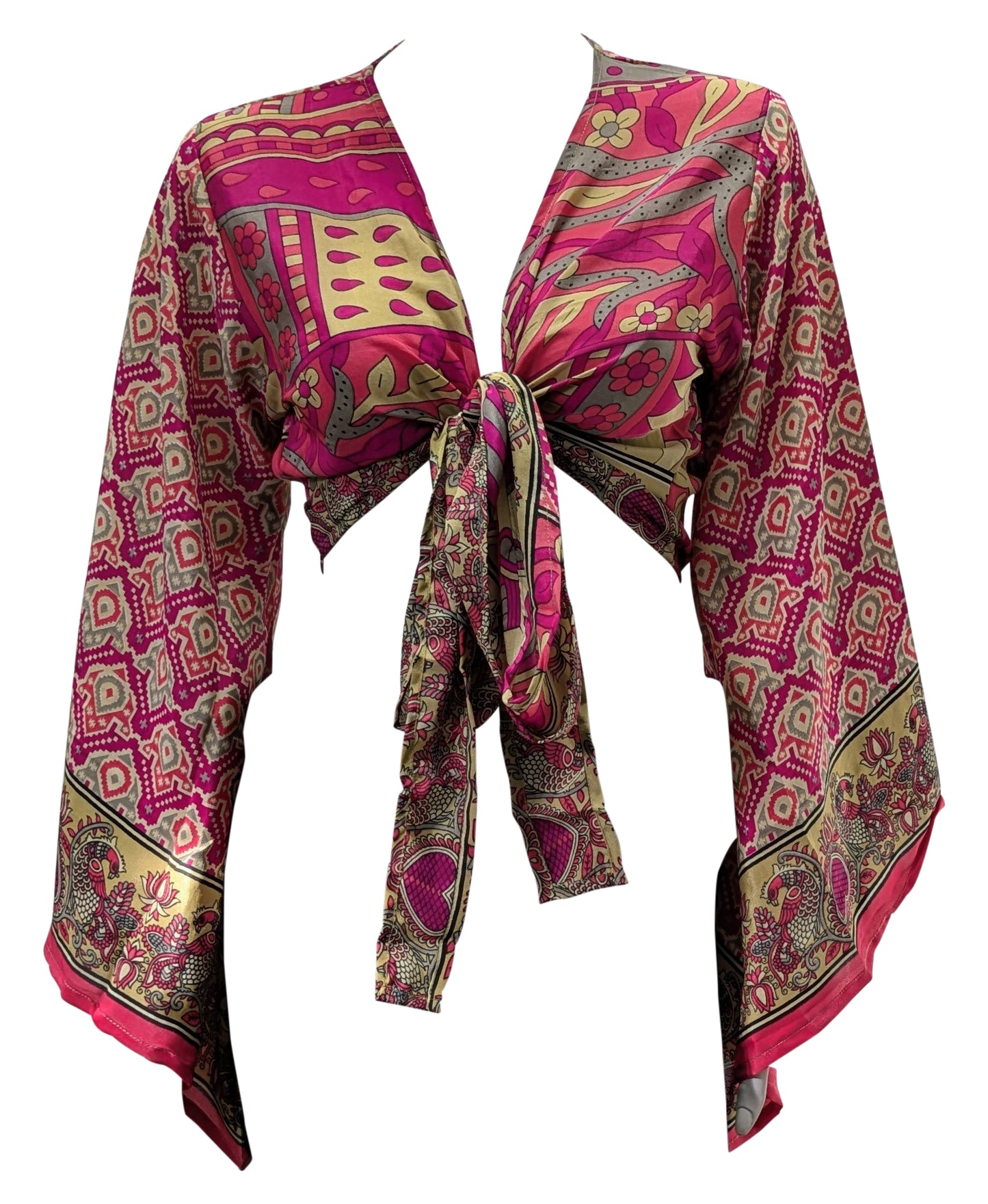 RETRO BELL SLEEVES FRONT KNOT CROP TOP WRAP BLOUSE FREE SIZE UP TO 16 P153