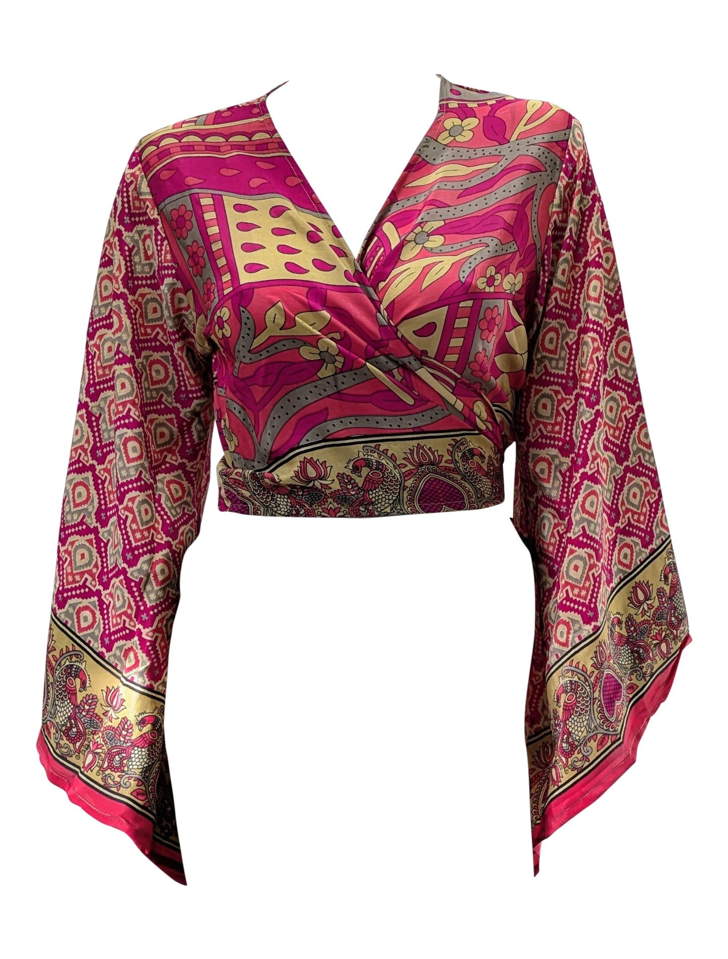 RETRO BELL SLEEVES FRONT KNOT CROP TOP WRAP BLOUSE FREE SIZE UP TO 16 P153