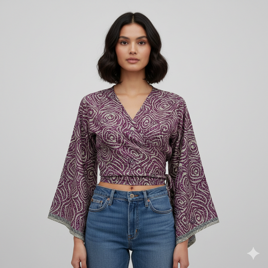 RETRO BELL SLEEVES FRONT KNOT CROP TOP WRAP BLOUSE FREE SIZE UP TO 16 P154