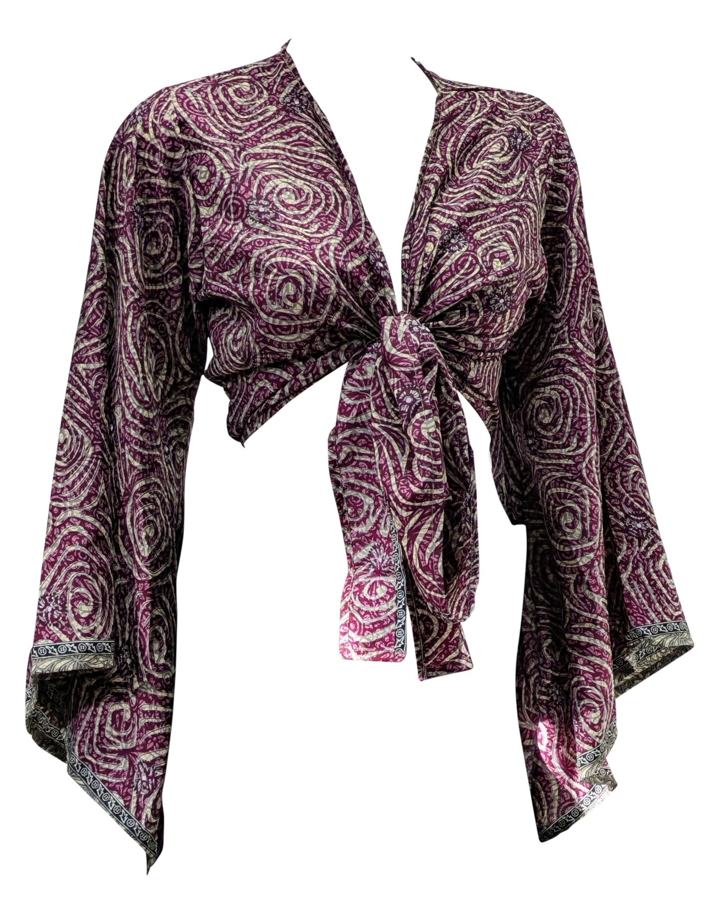 RETRO BELL SLEEVES FRONT KNOT CROP TOP WRAP BLOUSE FREE SIZE UP TO 16 P154