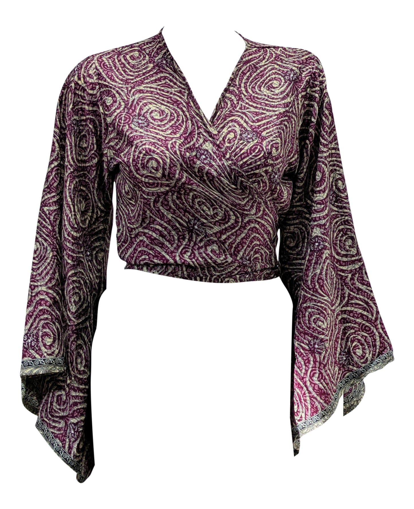 RETRO BELL SLEEVES FRONT KNOT CROP TOP WRAP BLOUSE FREE SIZE UP TO 16 P154