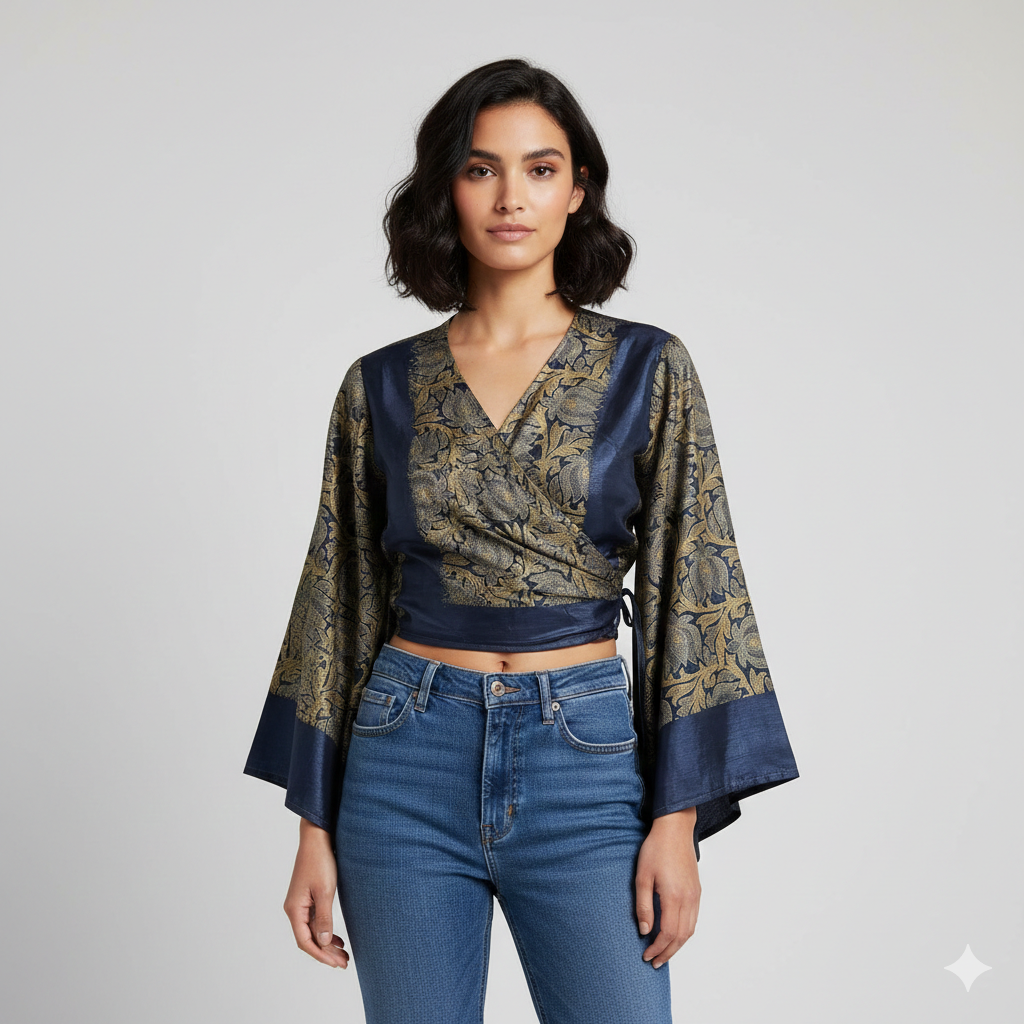 RETRO BELL SLEEVES FRONT KNOT CROP TOP WRAP BLOUSE FREE SIZE UP TO 16 P155