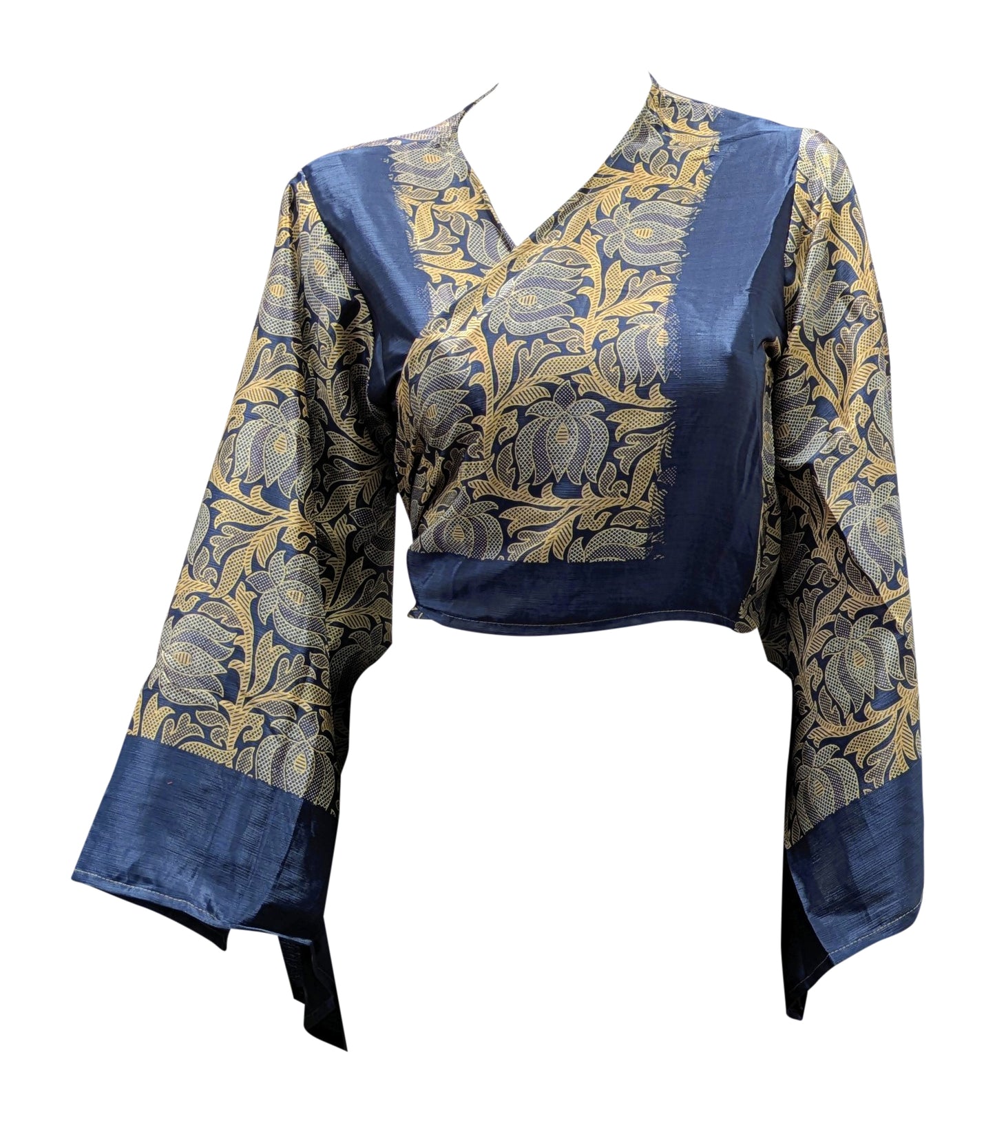 RETRO BELL SLEEVES FRONT KNOT CROP TOP WRAP BLOUSE FREE SIZE UP TO 16 P155