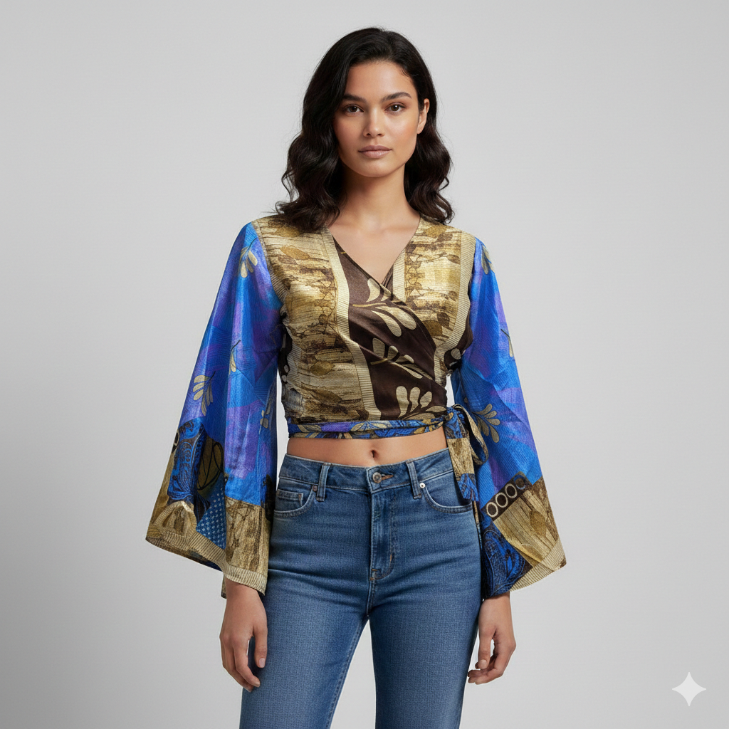 RETRO BELL SLEEVES FRONT KNOT CROP TOP WRAP BLOUSE FREE SIZE UP TO 16 P156