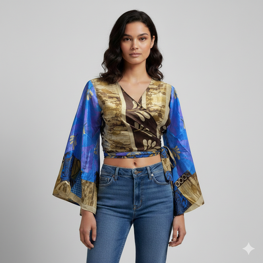 RETRO BELL SLEEVES FRONT KNOT CROP TOP WRAP BLOUSE FREE SIZE UP TO 16 P156