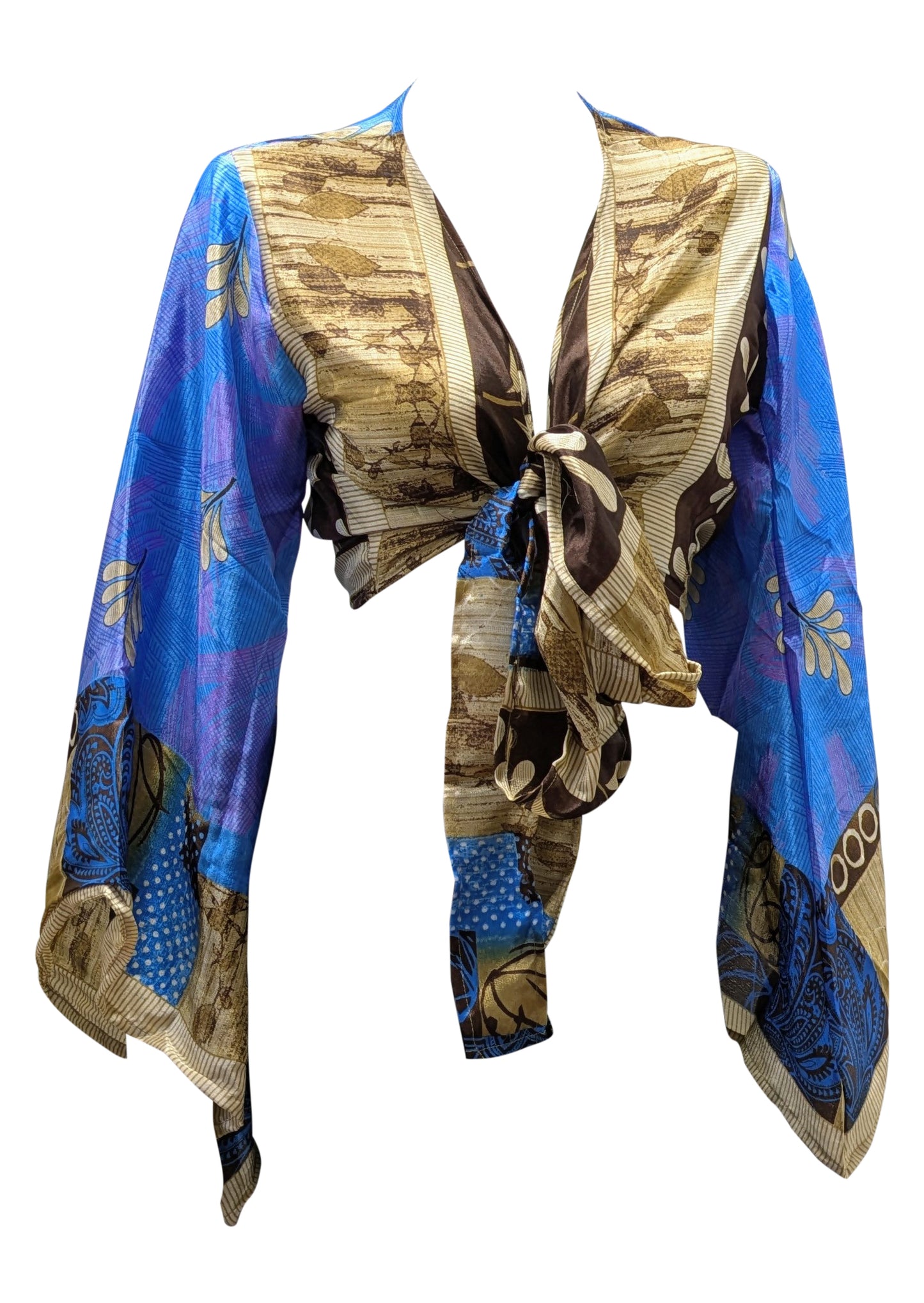 RETRO BELL SLEEVES FRONT KNOT CROP TOP WRAP BLOUSE FREE SIZE UP TO 16 P156