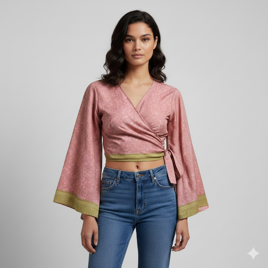 RETRO BELL SLEEVES FRONT KNOT CROP TOP WRAP BLOUSE FREE SIZE UP TO 16 P157