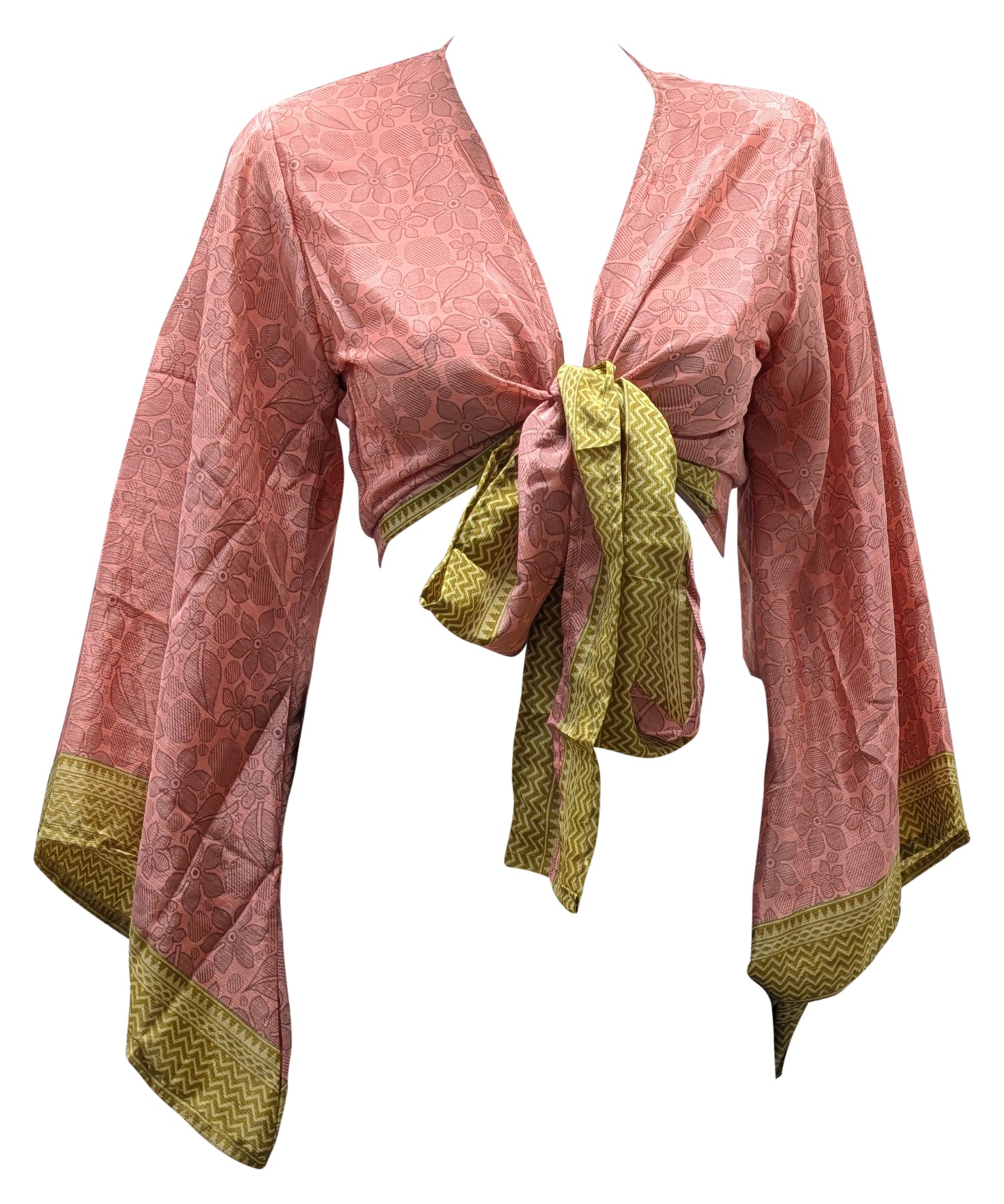 RETRO BELL SLEEVES FRONT KNOT CROP TOP WRAP BLOUSE FREE SIZE UP TO 16 P157