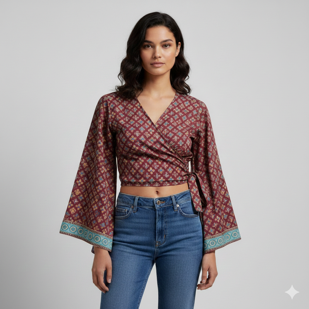 RETRO BELL SLEEVES FRONT KNOT CROP TOP WRAP BLOUSE FREE SIZE UP TO 16 P158