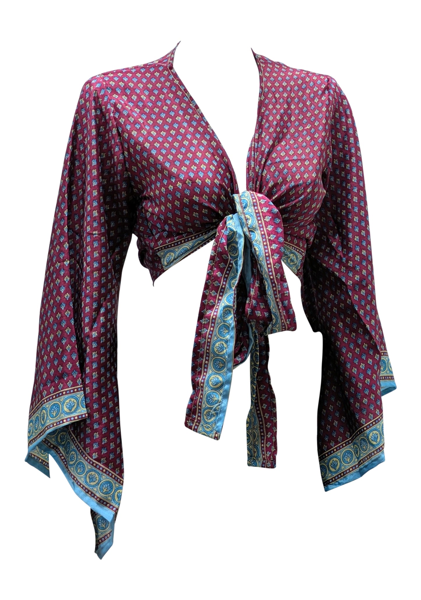 RETRO BELL SLEEVES FRONT KNOT CROP TOP WRAP BLOUSE FREE SIZE UP TO 16 P158