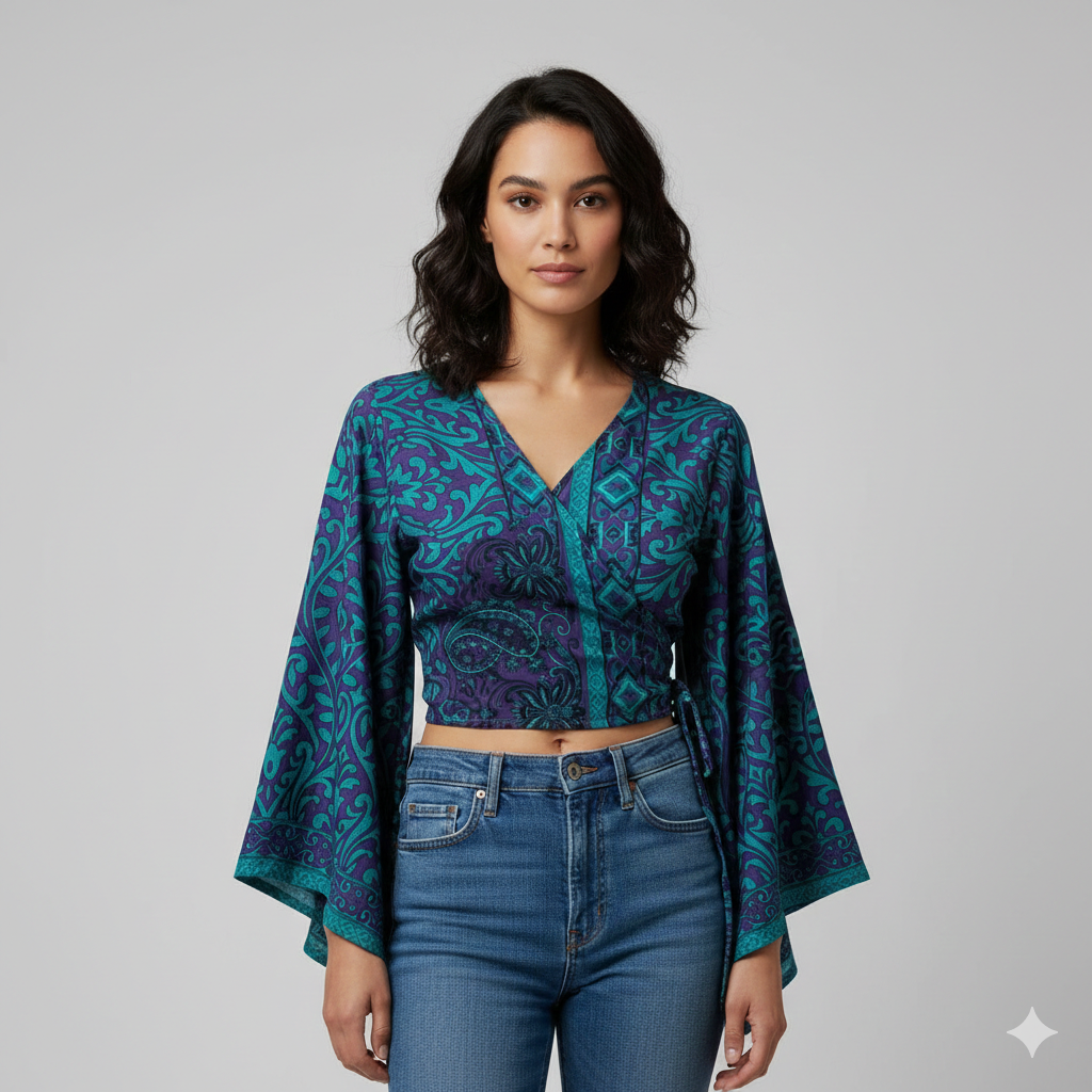 RETRO BELL SLEEVES FRONT KNOT CROP TOP WRAP BLOUSE FREE SIZE UP TO 16 P159