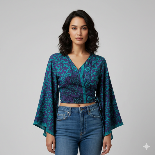 RETRO BELL SLEEVES FRONT KNOT CROP TOP WRAP BLOUSE FREE SIZE UP TO 16 P159