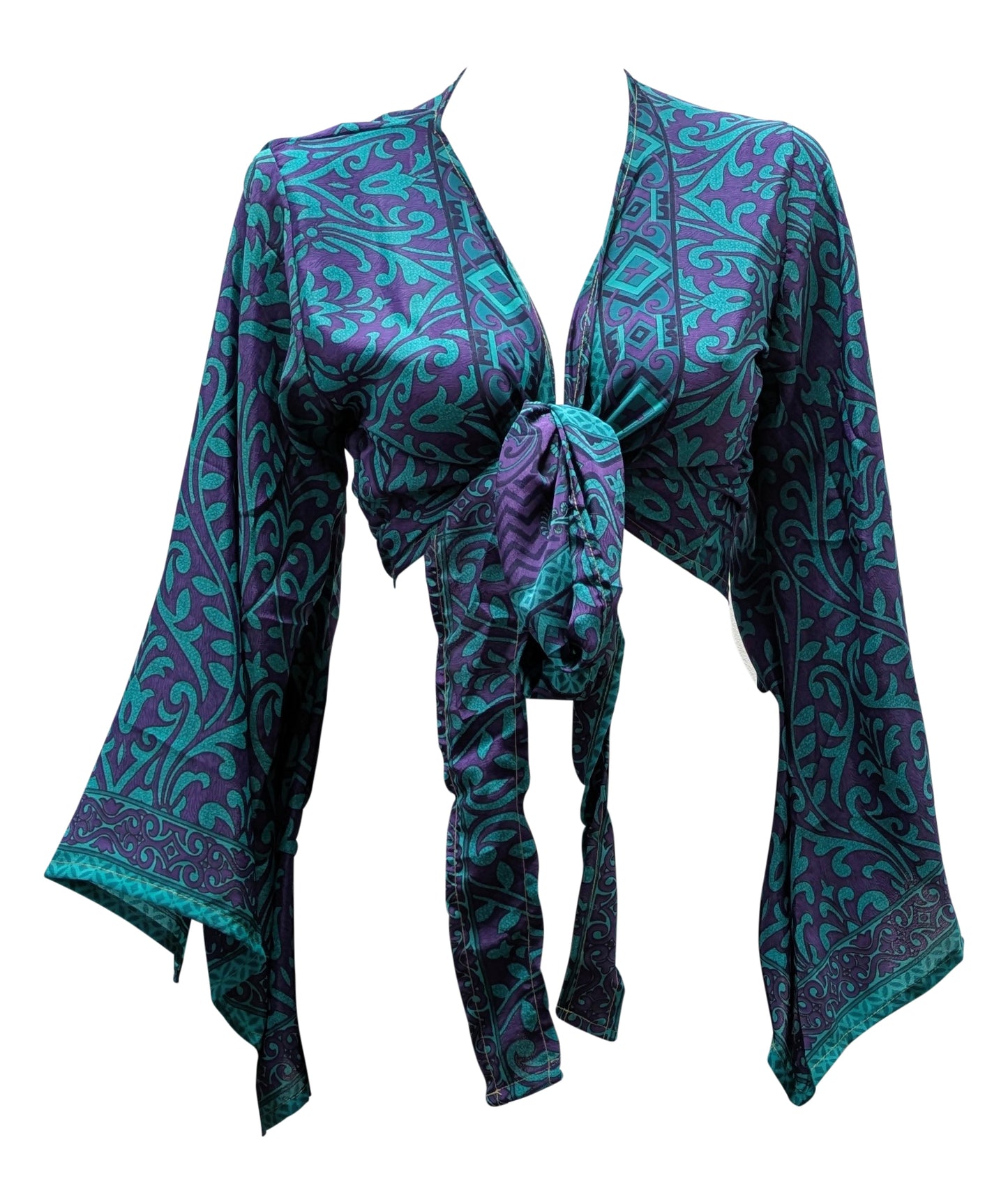 RETRO BELL SLEEVES FRONT KNOT CROP TOP WRAP BLOUSE FREE SIZE UP TO 16 P159