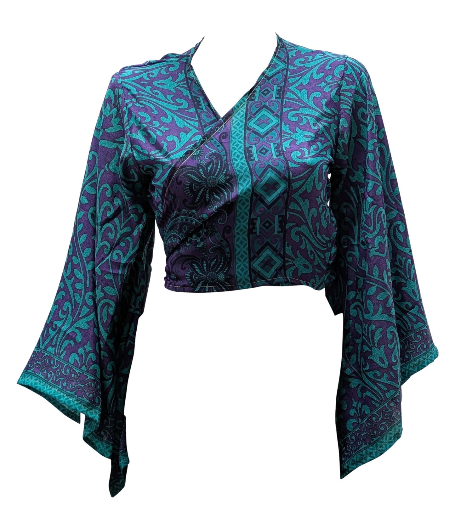 RETRO BELL SLEEVES FRONT KNOT CROP TOP WRAP BLOUSE FREE SIZE UP TO 16 P159