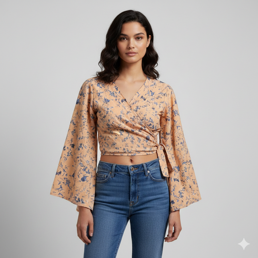 RETRO BELL SLEEVES FRONT KNOT CROP TOP WRAP BLOUSE FREE SIZE UP TO 16 P160