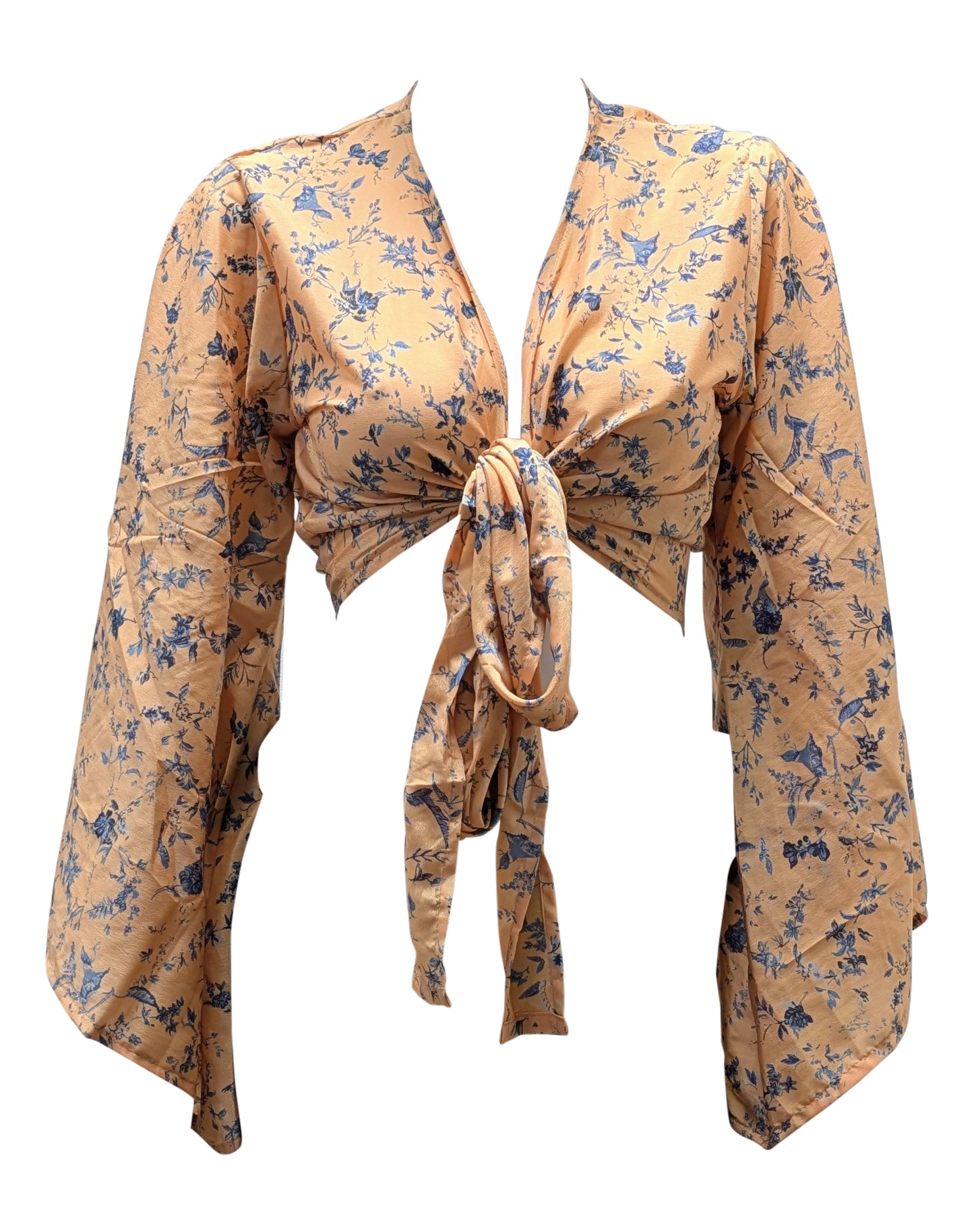 RETRO BELL SLEEVES FRONT KNOT CROP TOP WRAP BLOUSE FREE SIZE UP TO 16 P160