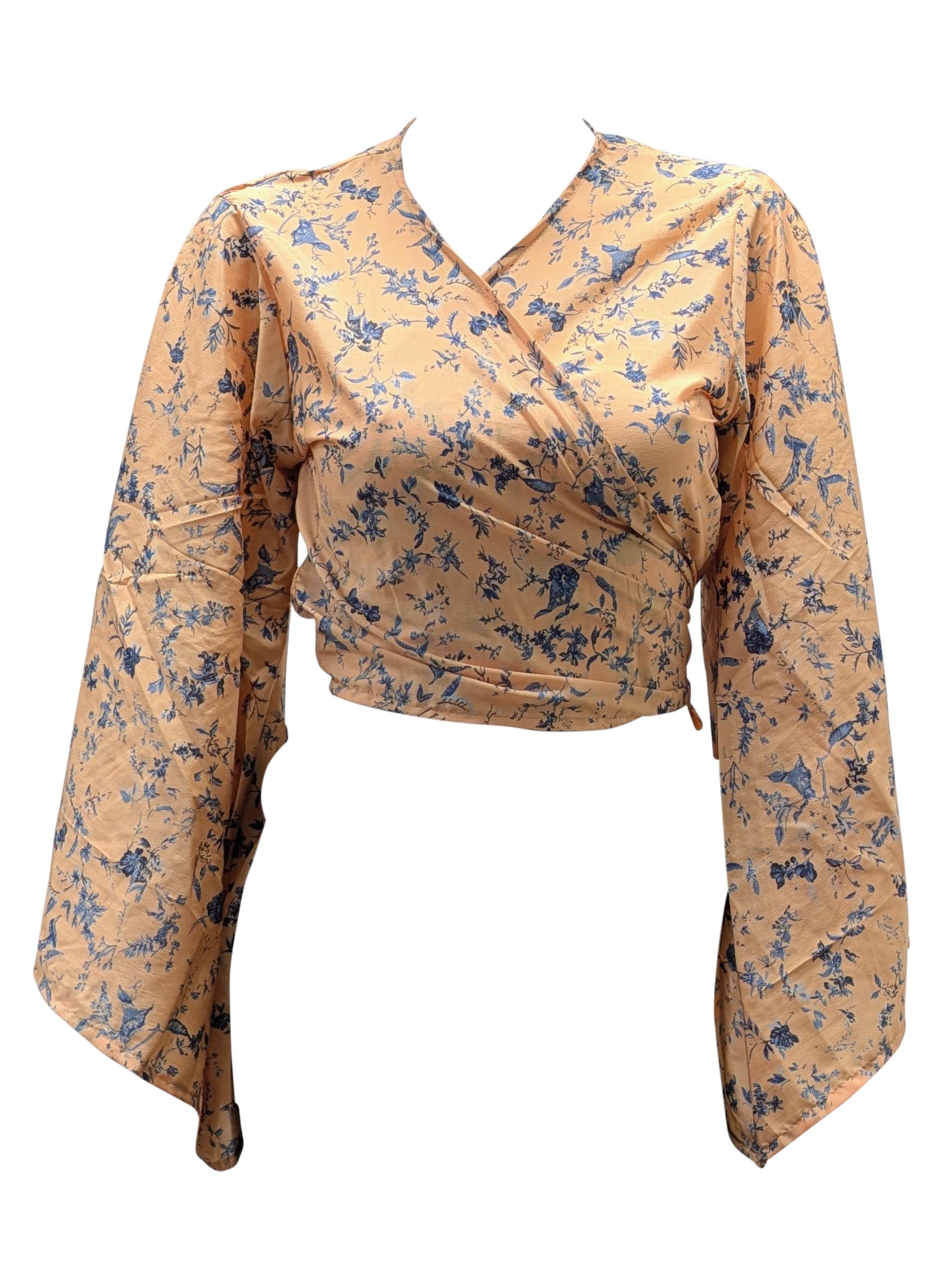 RETRO BELL SLEEVES FRONT KNOT CROP TOP WRAP BLOUSE FREE SIZE UP TO 16 P160
