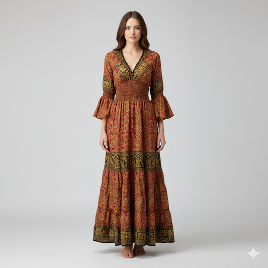 Recycled Sari Maxi Dress Boho Silk Viscose Long Sleeve Smock V-Neckline Pattern Ruffle