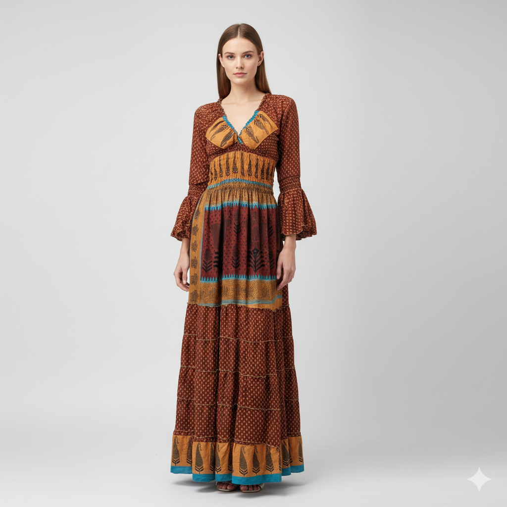 Recycled Sari Maxi Dress Boho Silk Viscose Long Sleeve Smock V-Neckline Pattern Ruffle