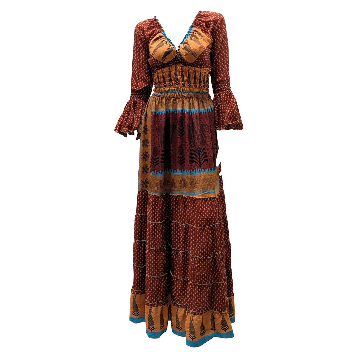 Recycled Sari Maxi Dress Boho Silk Viscose Long Sleeve Smock V-Neckline Pattern Ruffle